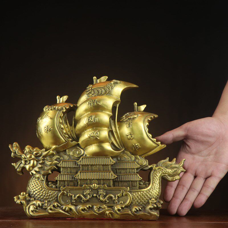 铜龙船摆件一帆风顺满载而归龙头船客厅办公室桌面装饰品工艺品