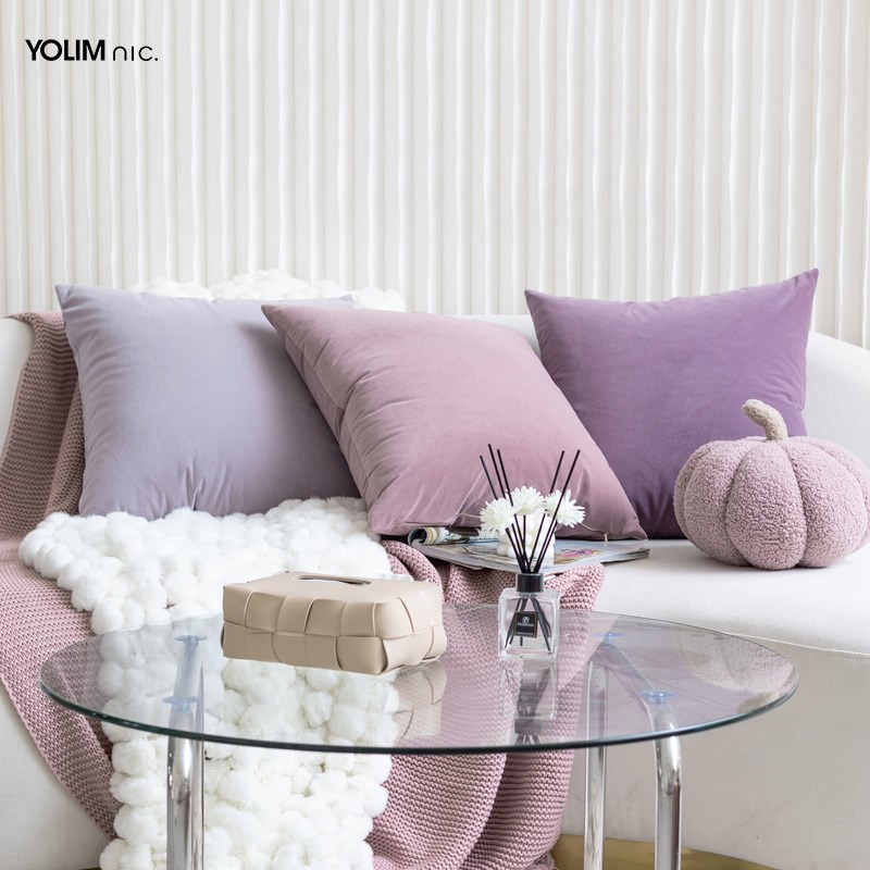 优选紫色系羊毛绒沙发抱枕套组合轻法式奶油风床头纯色靠垫套50X5