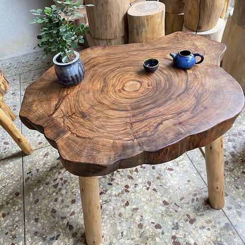 优选客厅家用原木茶几异形圆形侘寂风实木边几香樟木桌椅组合民宿