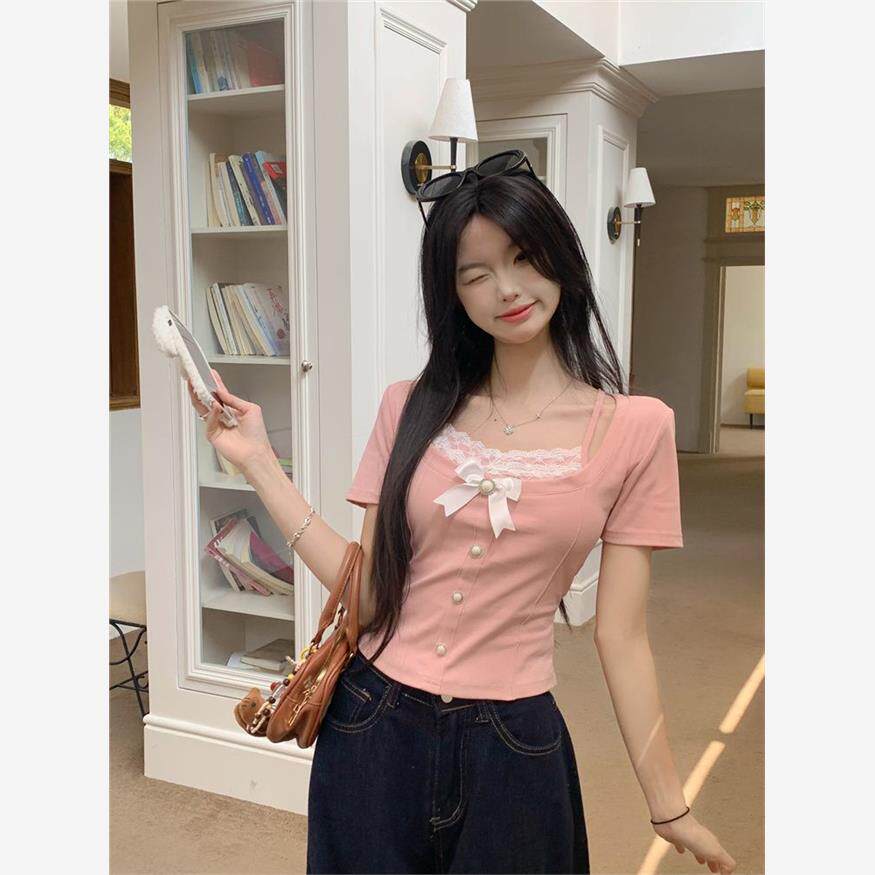 辣妹粉色蝴蝶结T恤拼接蕾丝修身短款打底女夏天显瘦甜美通勤上衣