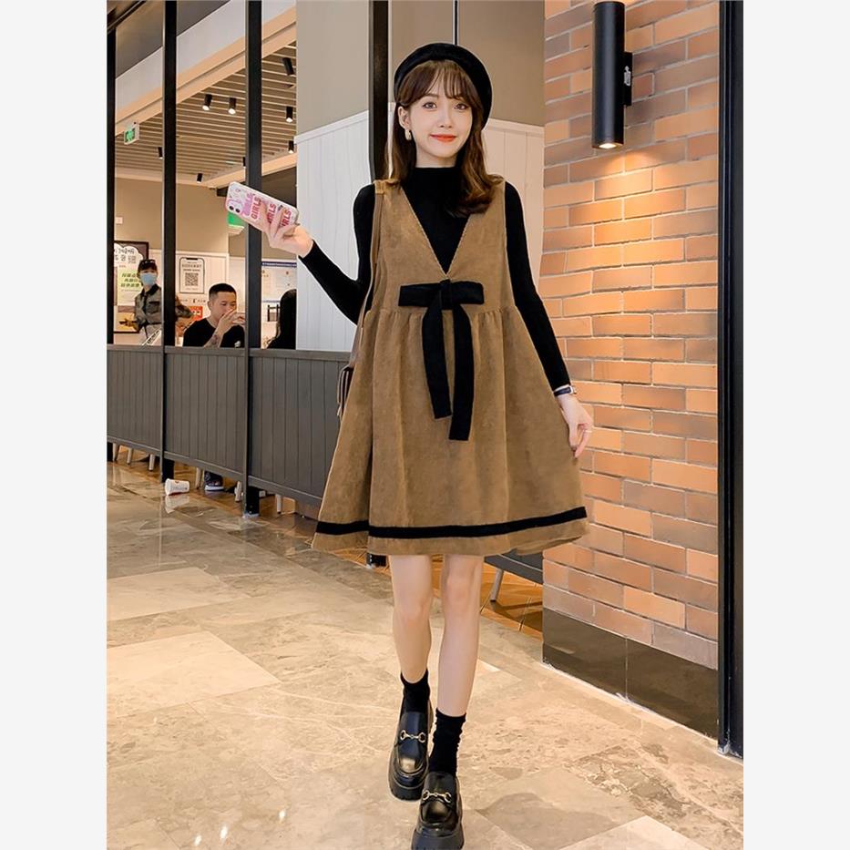 灯芯绒背心裙针织打底衫两件套女2025春秋新款大码宽松时尚连衣裙
