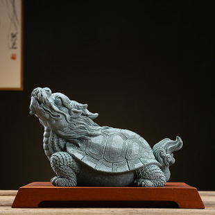 国风青砂石瑞兽龙龟摆件动物创意客厅书房茶室水族鱼缸造景装 饰品