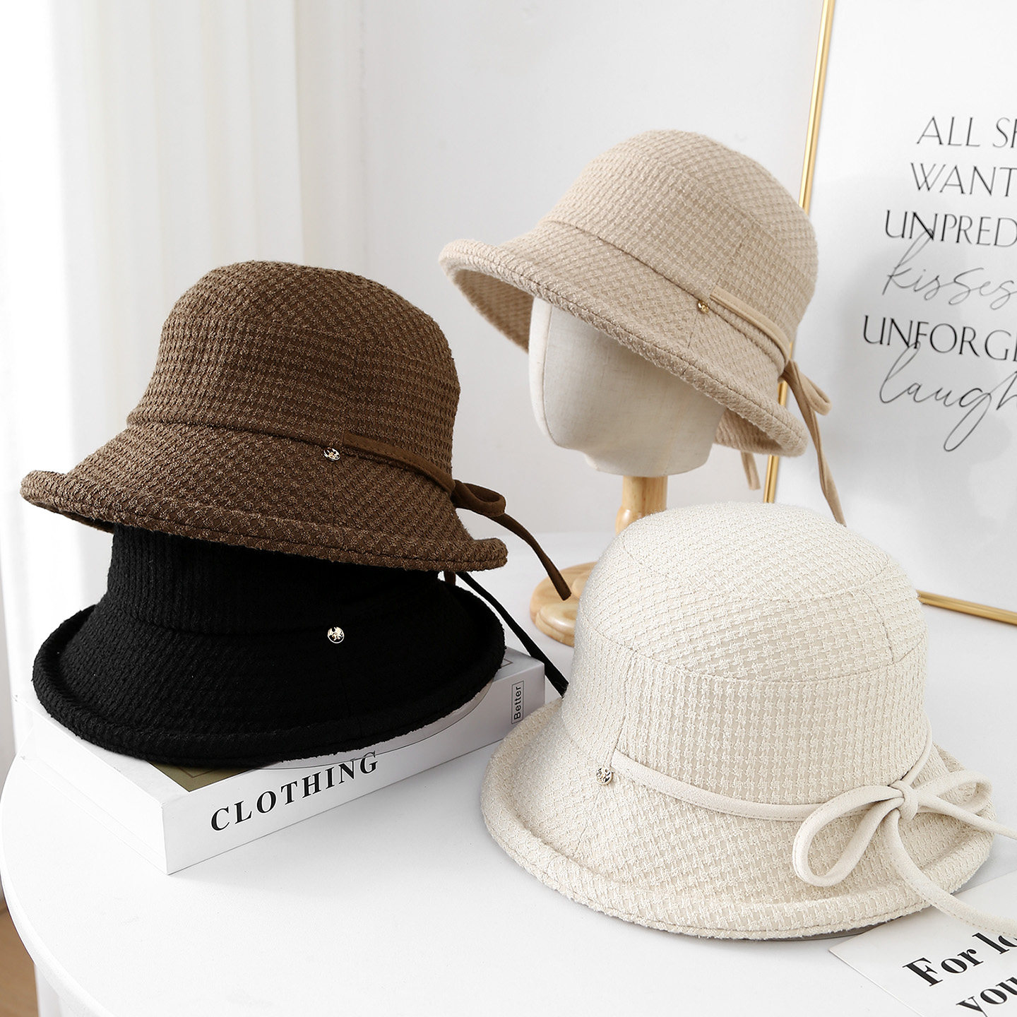 卷边渔夫帽子女秋冬季绑带蝴蝶结设计简约百搭加厚保暖大头围盆帽