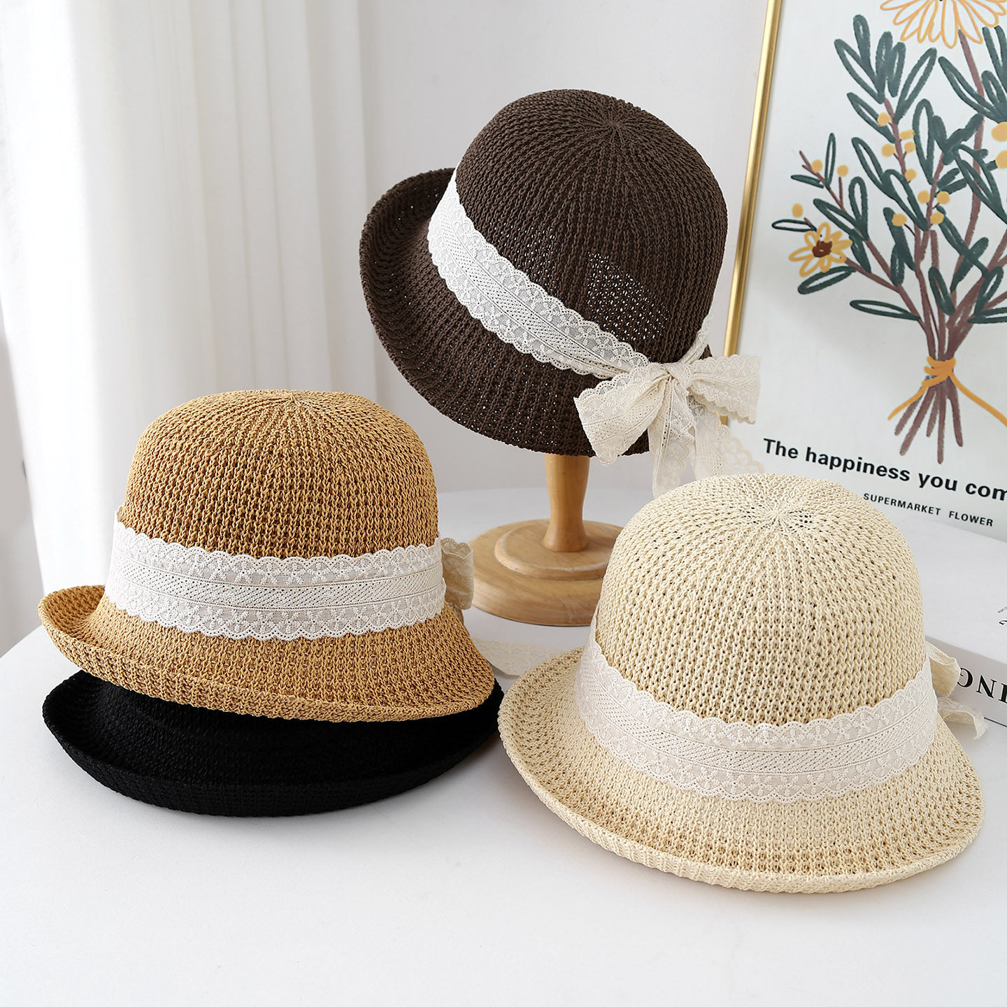 渔夫帽子女秋冬季翘边设计飘带系蝴蝶结百搭盆帽显脸小遮阳防晒帽