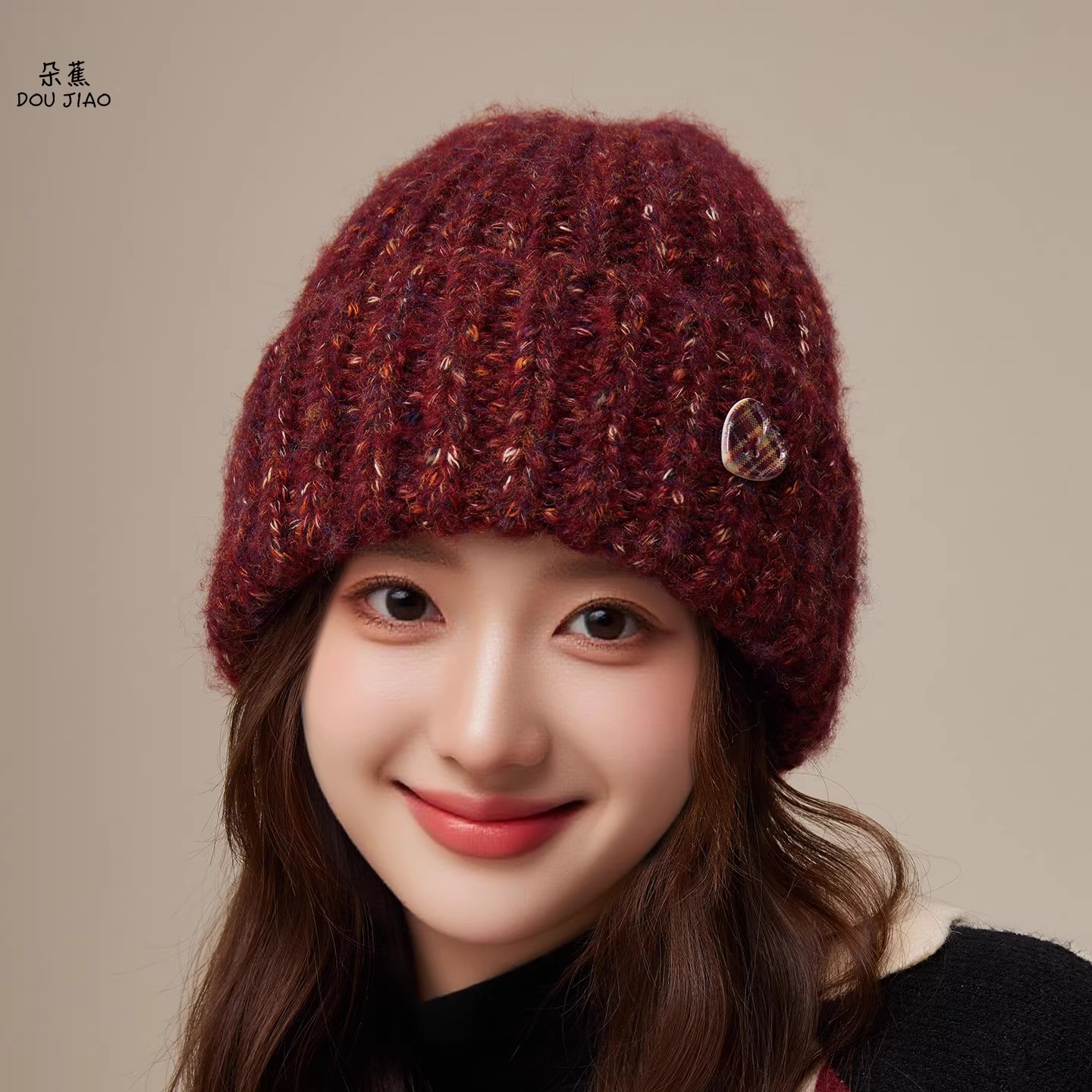 爱心纽扣针织包头帽保暖甜美可爱