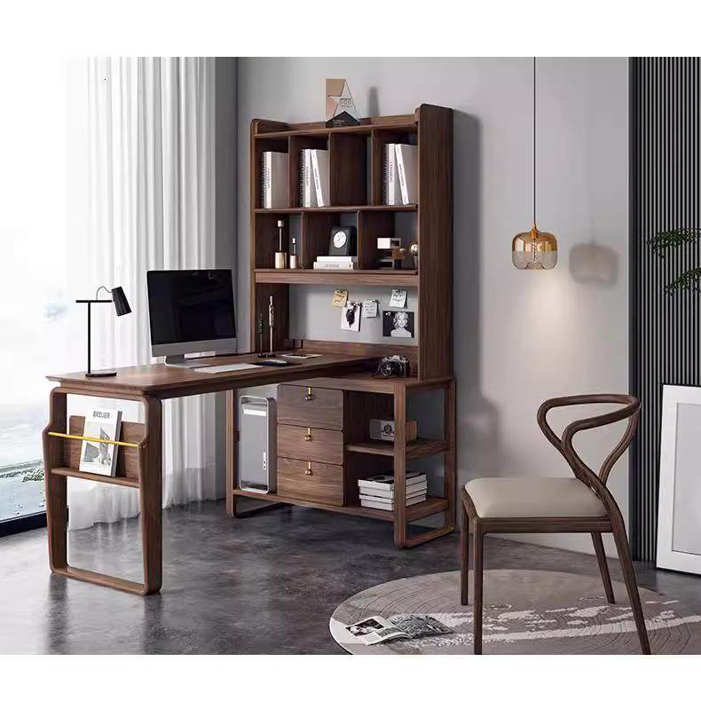 北美黑胡桃木转角书桌家用带书架实木办公桌可旋转无线充电电脑桌