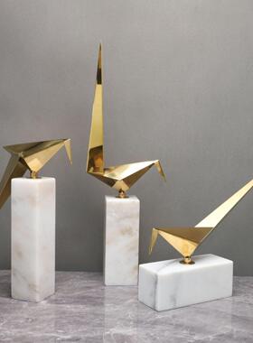 新中式大理石不锈钢千纸鹤艺术摆件样板房电视柜客厅酒店家居装饰
