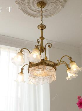 全美一丁法式覆古黄铜珠帘玻璃花苞客厅吊灯浪漫中古楼梯覆式吸顶