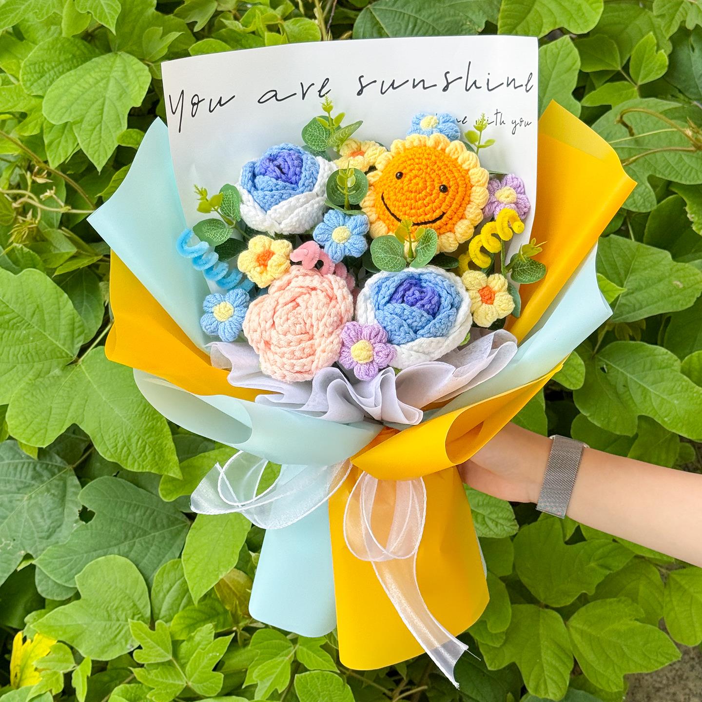 针织手工向日葵玫瑰混搭彷真花束毕业送老师生日礼物惊喜仪式感花