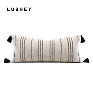 轻奢侘寂风米白色进口棉麻流苏现代高级感沙发抱枕客厅卧室长腰枕