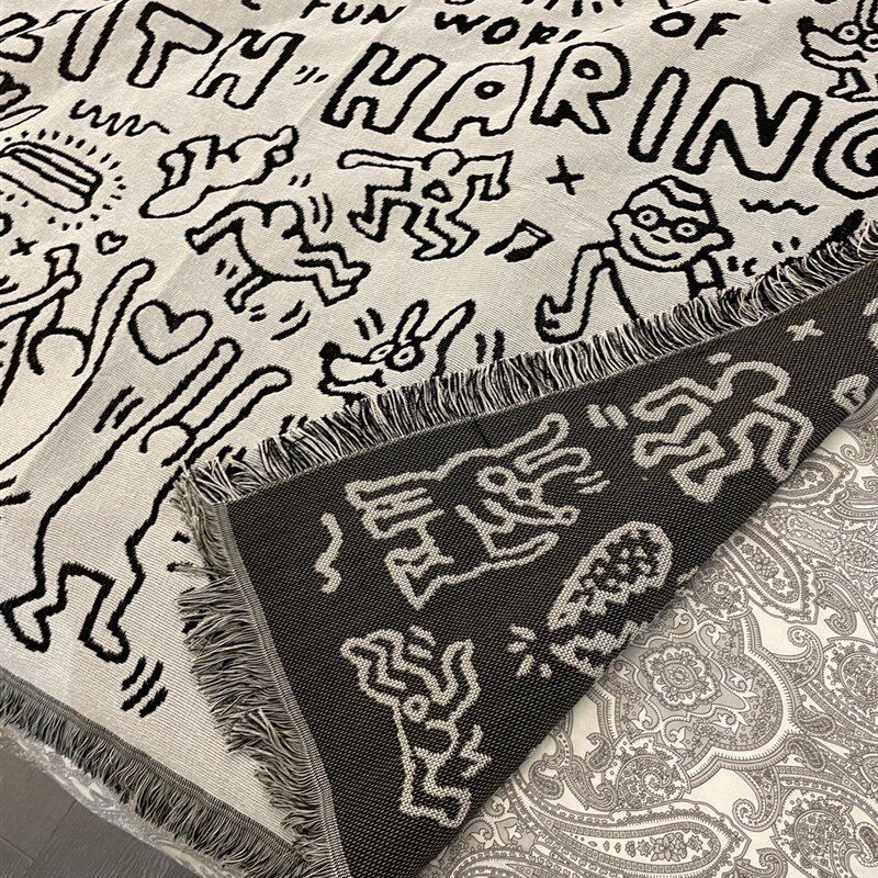 凯斯哈林 黑白 涂k鸦大师 Keith haring 提花大小号沙发毯子 装饰