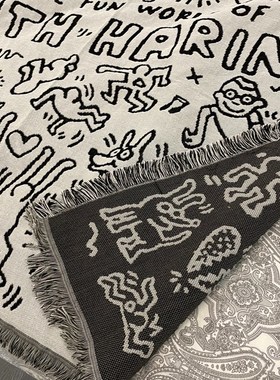 凯斯哈林 黑白 涂k鸦大师 Keith haring 提花大小号沙发毯子 装饰
