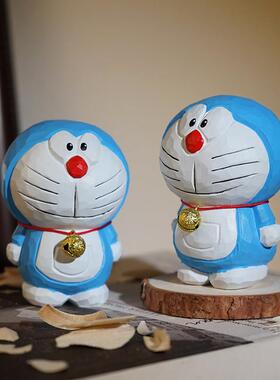 哆啦A梦叮当 猫木雕小摆件卡通可爱猫蓝胖子治愈系桌面摆放装饰品