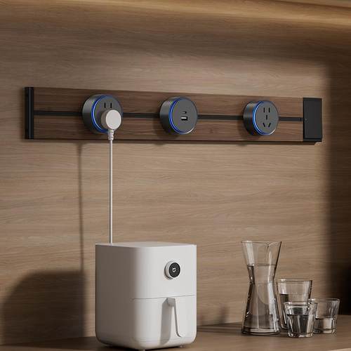 木林森复古木纹超长轨道插座可移动滑轨餐边柜厨房家用导轨排插