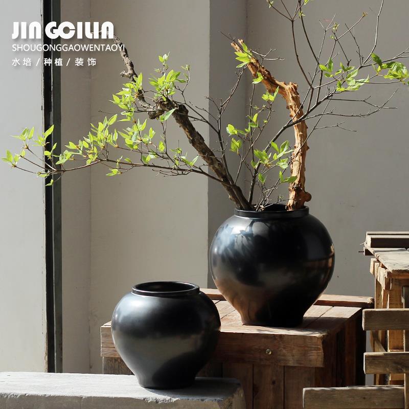 景德镇手工陶瓷黑色花瓶禅意覆古月亮罐植物盆可水培鲜花民宿摆件