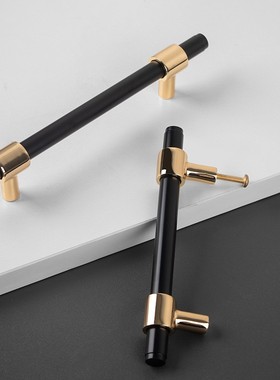 北欧简约黑色衣柜拉手 T型金色黄铜门柜拉手 黄铜明装柜子门拉手