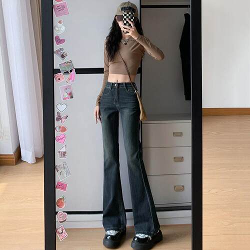 水泥灰微喇牛仔裤女2025春季新款高腰修身显瘦四面弹马蹄喇叭裤子