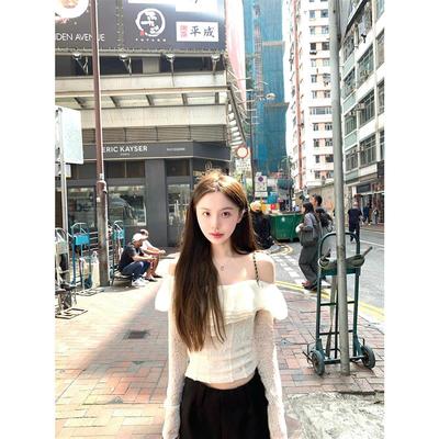 YUYUREAL  vtg典藏版 一字肩花苞袖两穿蕾丝花边收腰显瘦短上衣