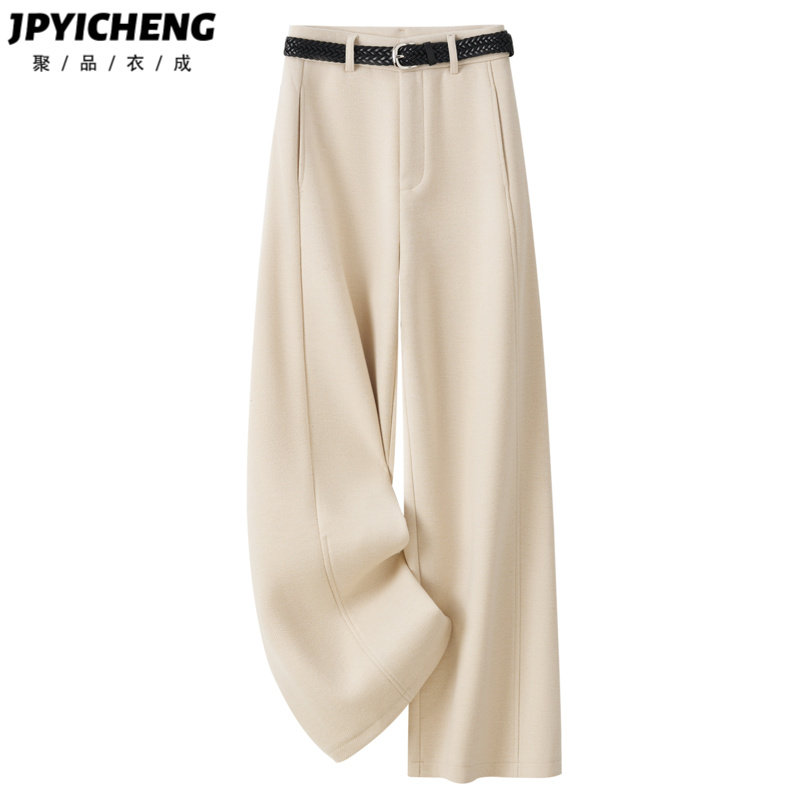 杏色绵羊毛休闲阔腿裤女2025新款冬季高级感西装裤高腰宽松直筒裤