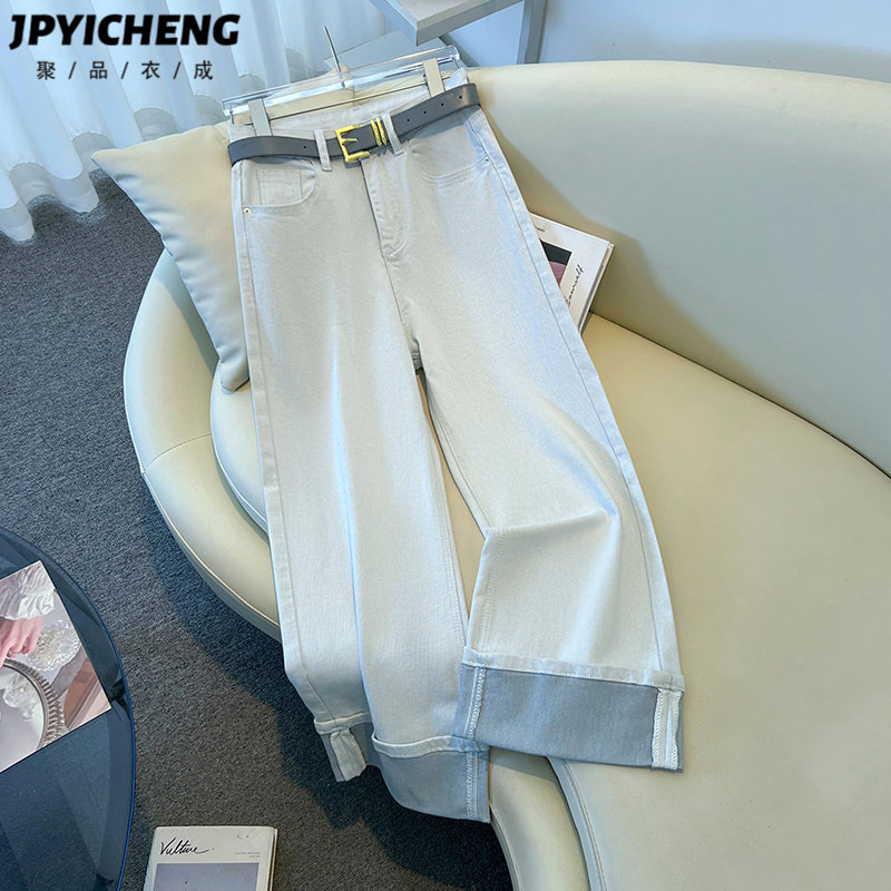 灰白色阔腿牛仔裤女2025新款夏季爆款高腰显瘦小个子九分裤直筒裤