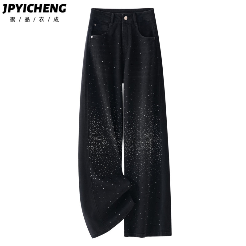 黑色烫钻亮片阔腿牛仔裤女2026新款春季爆款高腰复古宽松直筒裤子