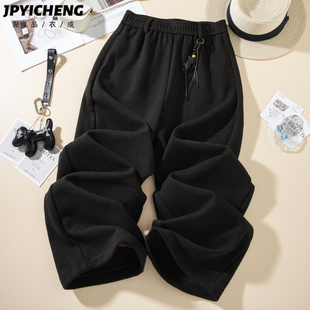 深色羊毛呢直筒裤子女2025新款冬季加绒宽松阔腿裤慵懒糯米休闲裤