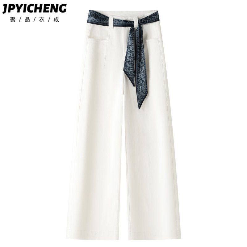白色阔腿牛仔裤女2025新款冬季高腰复古丝带宽松显瘦小个子直筒裤