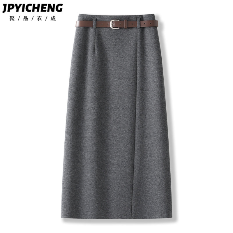 灰色高腰包臀裙女2025新款冬季加厚羊毛呢直筒半身裙西装长裙冬裙