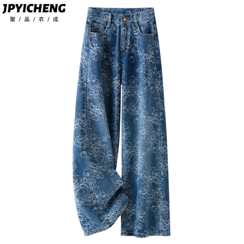 复古蓝满身印花牛仔裤女2026新款春季宽松阔腿裤高腰直筒裤拖地裤