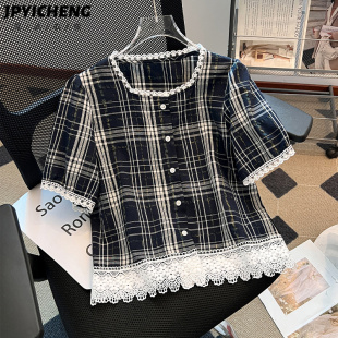 藏蓝色蕾丝边上衣女2025新款冬季爆款格子衬衫宽松小个子短袖衬衣