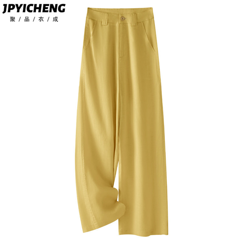 黄色天丝亚麻阔腿裤女2025新款冬季爆款高腰休闲宽松九分直筒裤子