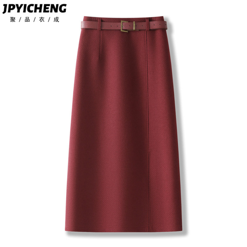 红色毛呢直筒西装半身裙女2025新款冬季加厚中长款高腰包臀裙冬裙