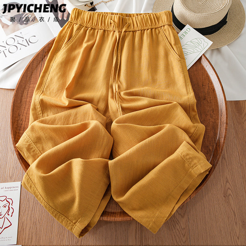 黄色天丝亚麻裤子女2025新款冬季轻薄直筒山本裤慵懒风宽松阔腿裤
