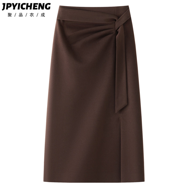 咖色毛呢半身裙女2025新款冬季高腰显瘦开叉百搭气质西装直筒裙子