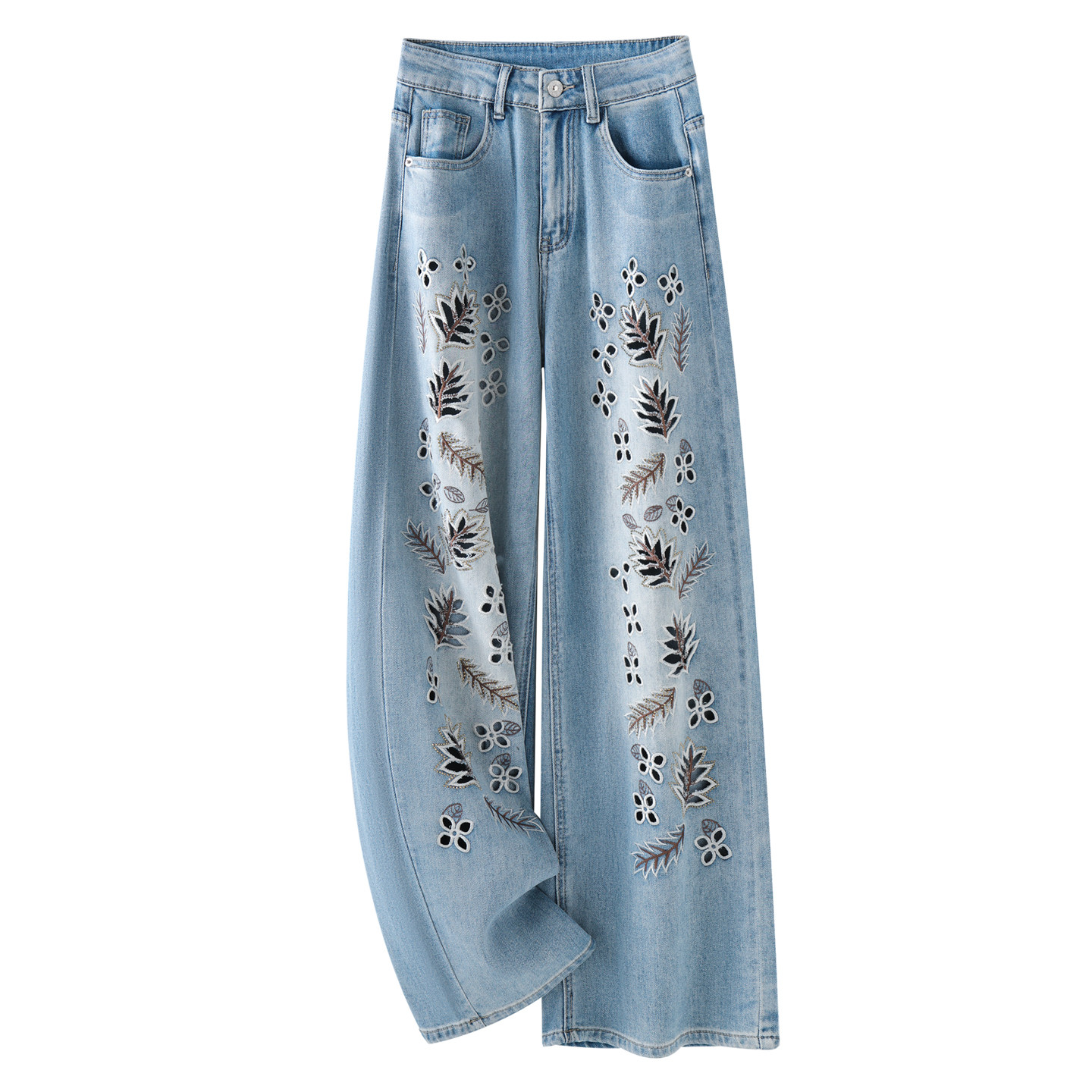 浅色刺绣窄版直筒牛仔裤女2026新款春季高腰显瘦垂感宽松阔腿裤子
