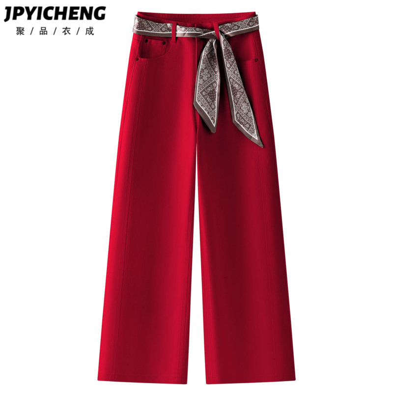 红色复古阔腿牛仔裤女2025新款冬季美式高腰显瘦宽小个子直筒裤子,女装/女士精品,牛仔裤,淘宝优惠券,粉丝福利购,淘宝优惠卷