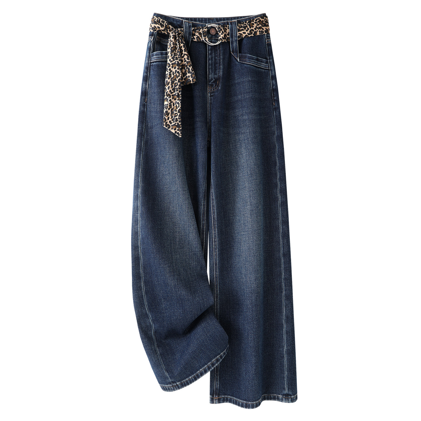 蓝色窄版阔腿牛仔裤女2025新款冬季豹纹腰带美式复古宽松直筒裤子