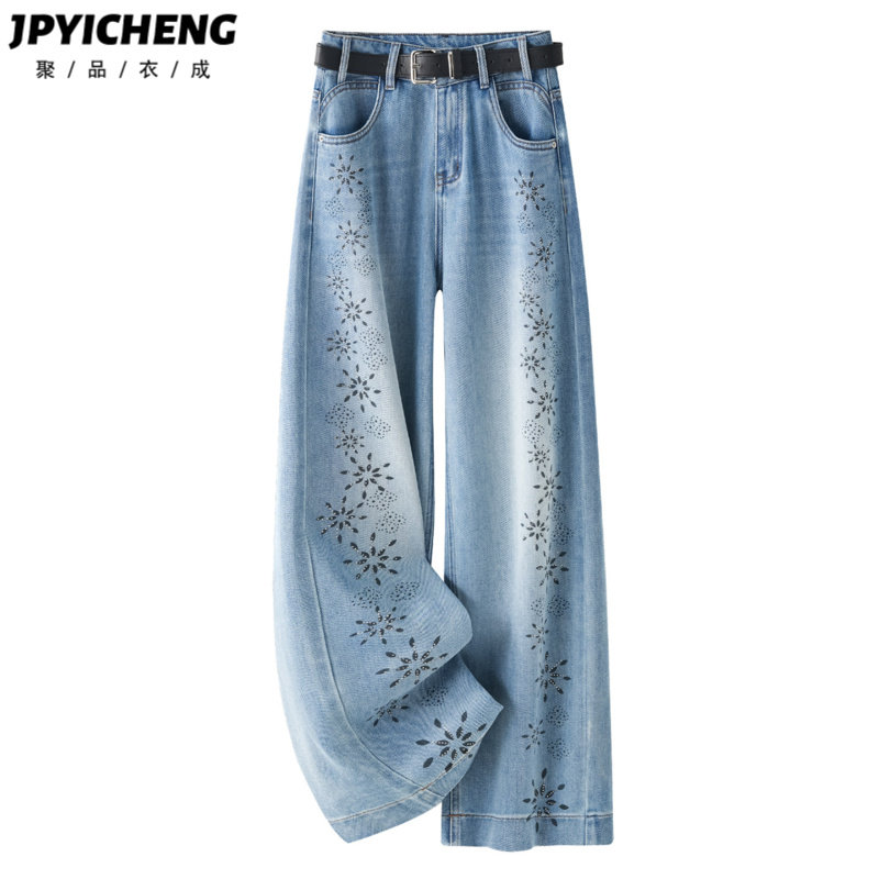 浅蓝色印花烫钻阔腿牛仔裤女2026新款春季爆款高腰复古宽松直筒裤