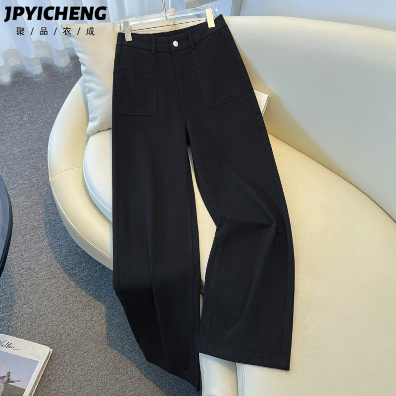 黑色阔腿牛仔裤女2025新款冬季高腰显瘦宽松小个子垂坠感直筒裤子