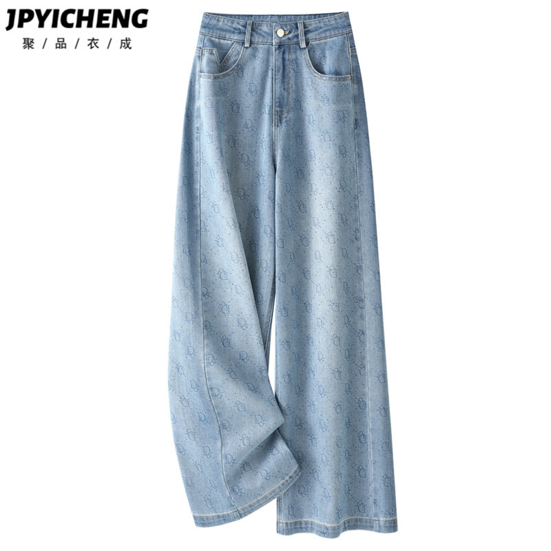 浅色印花阔腿牛仔裤女2026新款春季宽松直筒裤美式复古高腰拖地裤