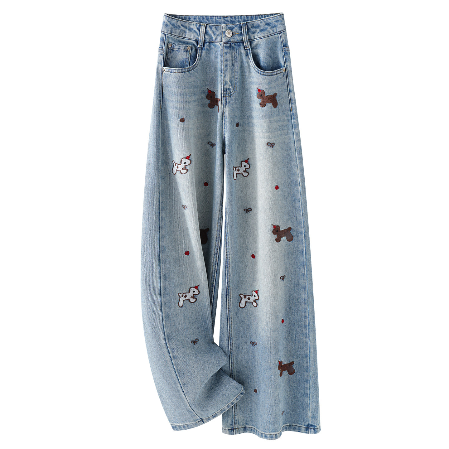浅蓝色刺绣阔腿牛仔裤女2026新款春秋季高腰显瘦窄版复古直筒长裤