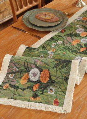 复古绿色花朵桌旗红色波西米亚餐边柜旗布艺茶几电视柜长条床尾巾