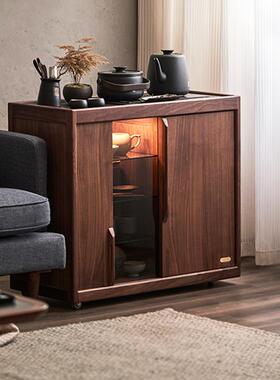 新中式茶水柜实木可移动沙发边柜客厅黑胡桃木展示柜茶桌煮茶茶台