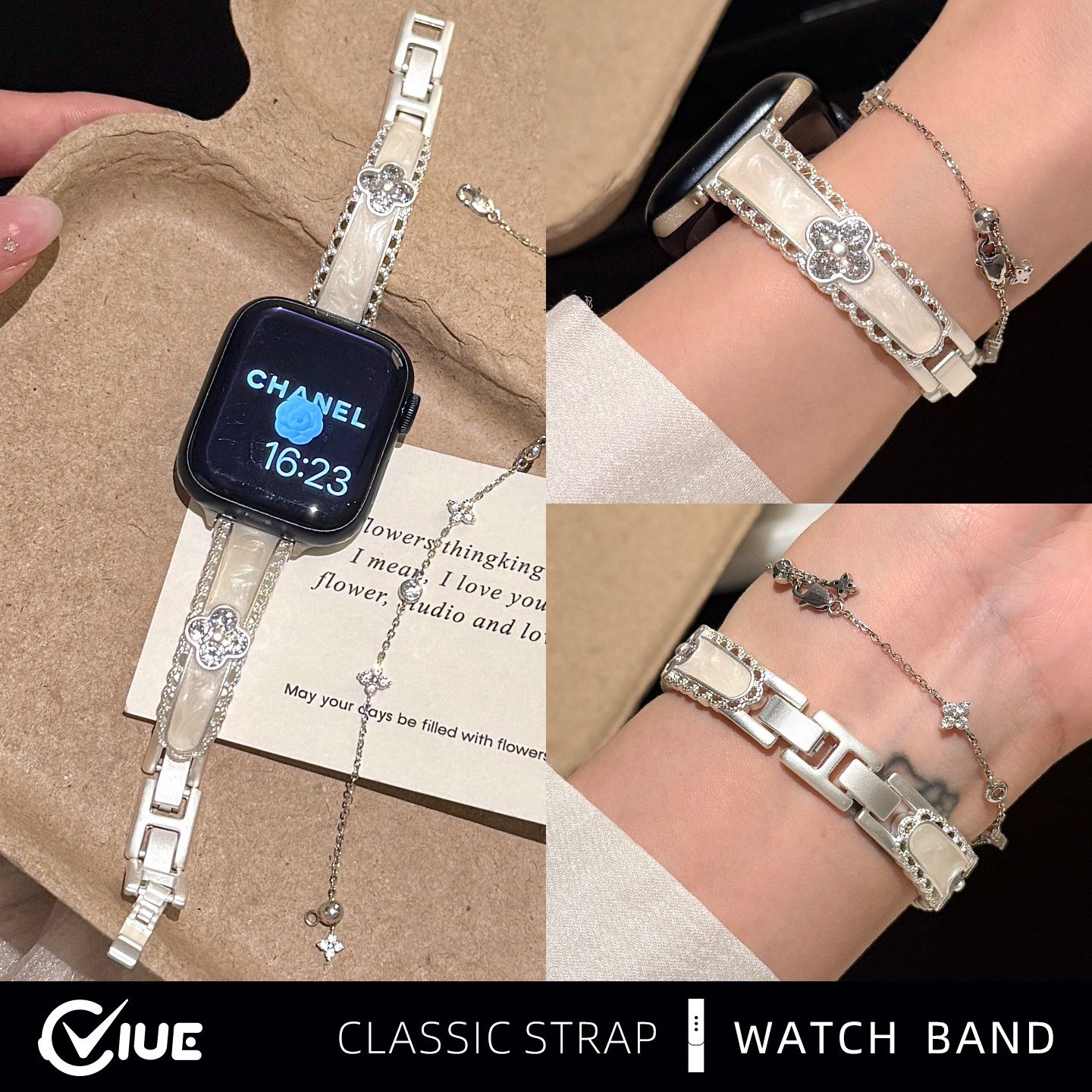 适用苹果手表iwatchs11表带applewatchs10锆石全铜金属S9四叶草手镯式s8/7/6夏天高级感智能替换腕表带46/42