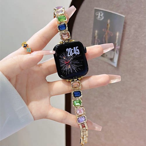适用苹果iwatch S11手表带applewatchS10小香风S9彩色方钻苹果手表S8金属手链弹力绳轻奢网红Se女ultra高级感