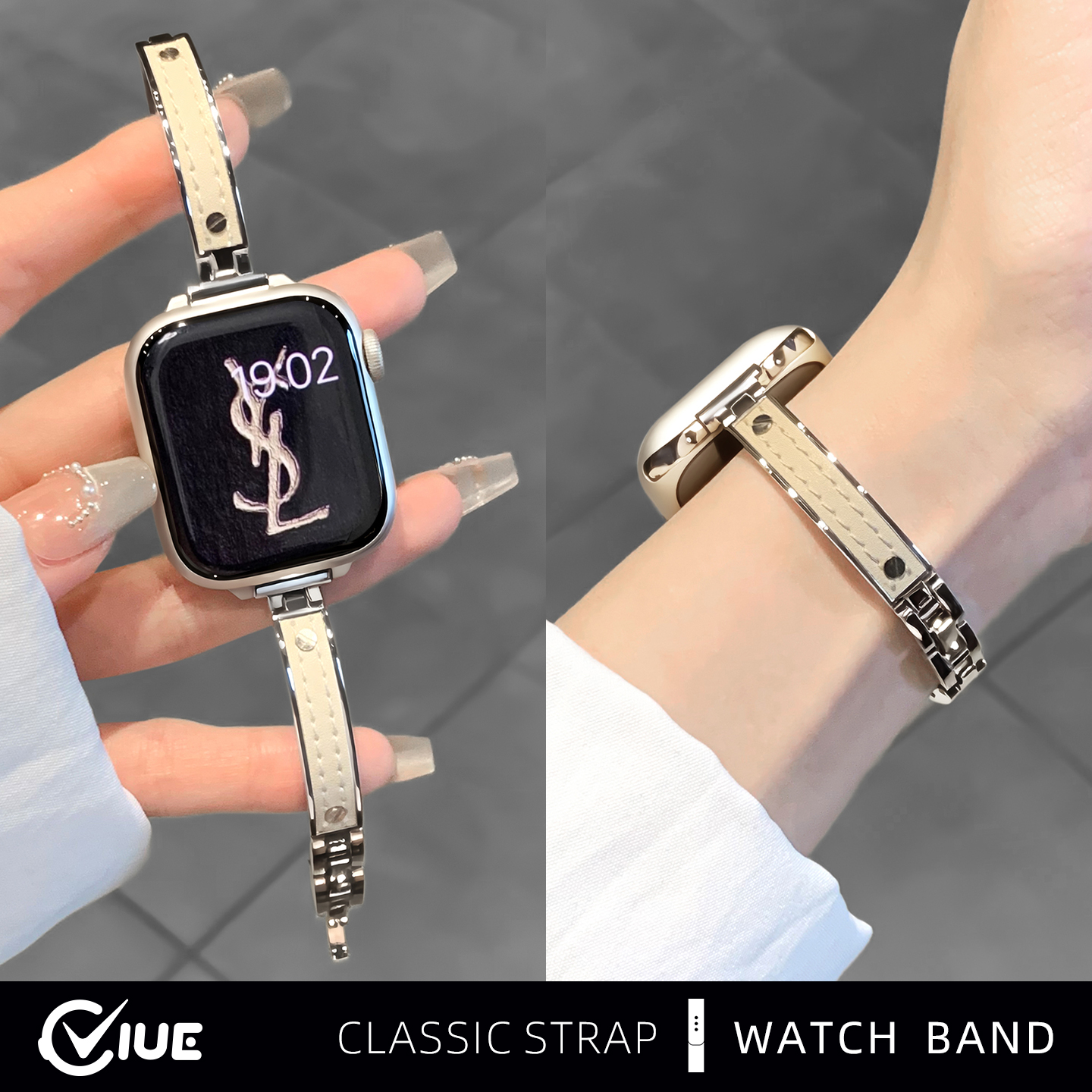 适用苹果applewatch s11手表表带s10金属弯月手镯iwatch表带高级s9表链s8小香风拼皮快拆se秋冬女款替换手链