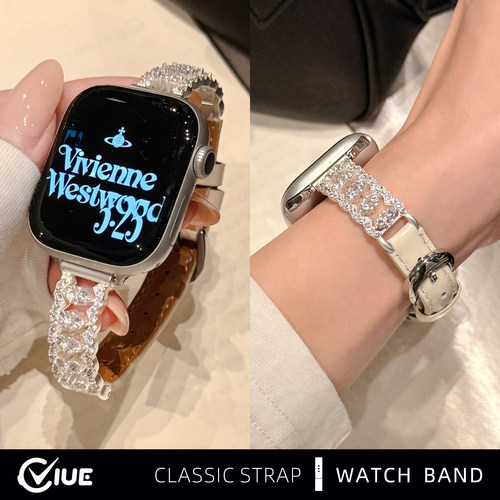 适用苹果iwatchs11手表带applewatchs10满天星s9镶钻爆闪S8金属拼皮质s7夏天女生S6新款se高级感智能腕表带