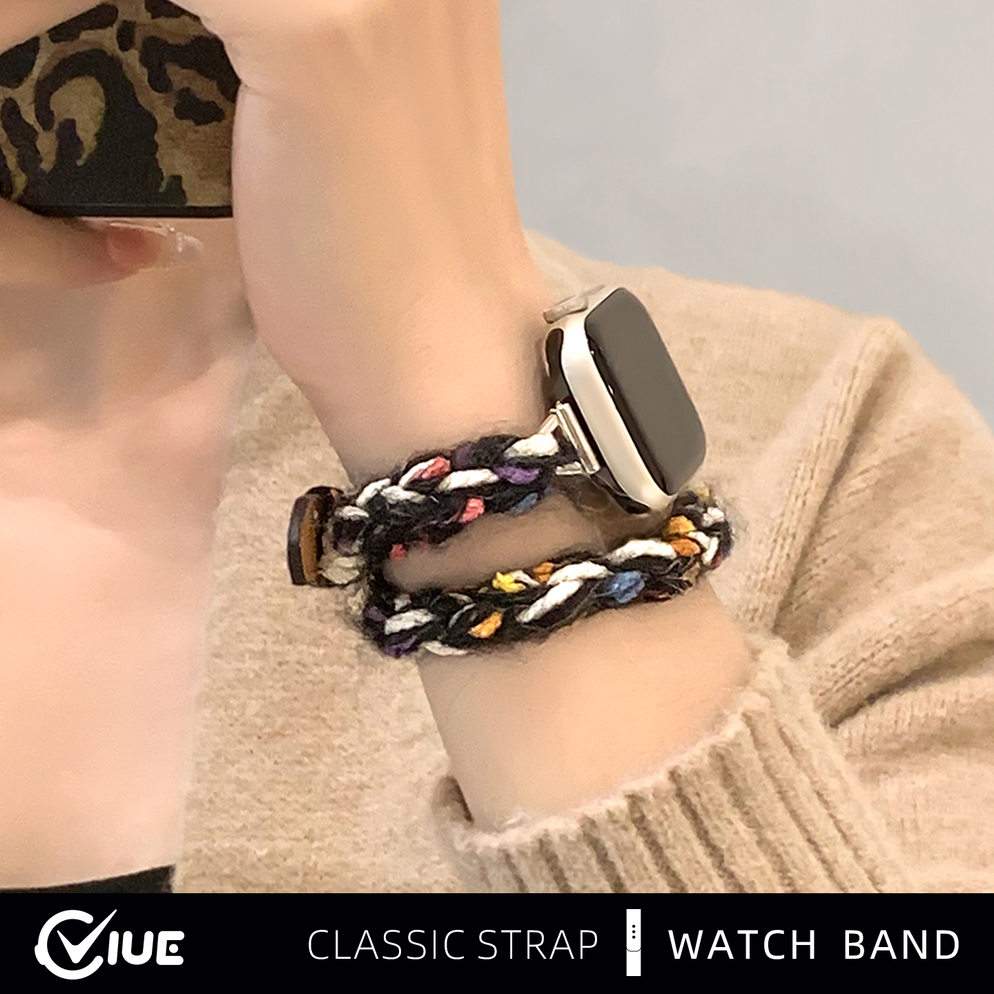 适用苹果iwatchS11手表表带s10双圈毛线编织apple watchs9毛绒拼皮智能s8秋冬创意42/45mm高级感替换腕表带