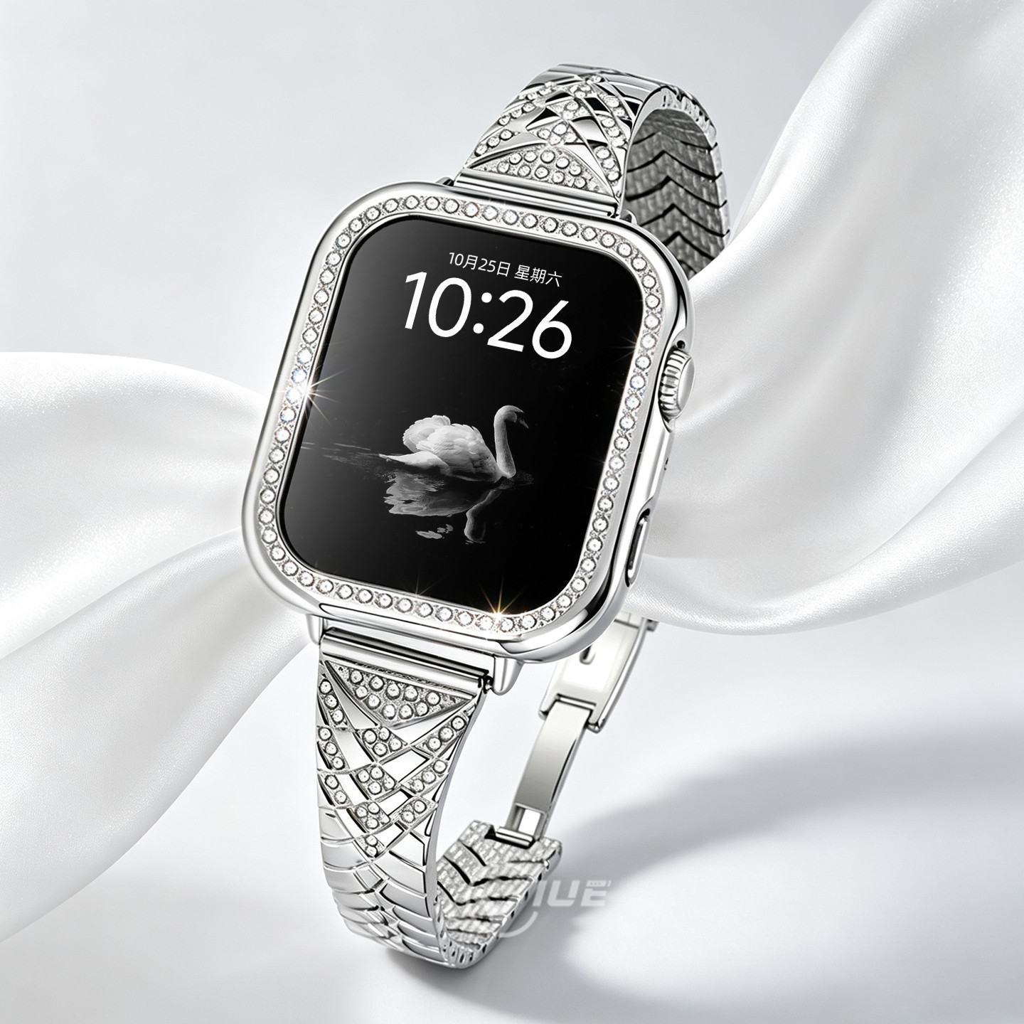 适用苹果iwatch s11手表带applewatchs10鱼鳞纹s9金属锆石镶钻s8星钻绽放s7手表夏季s6女高级感智能替换腕带
