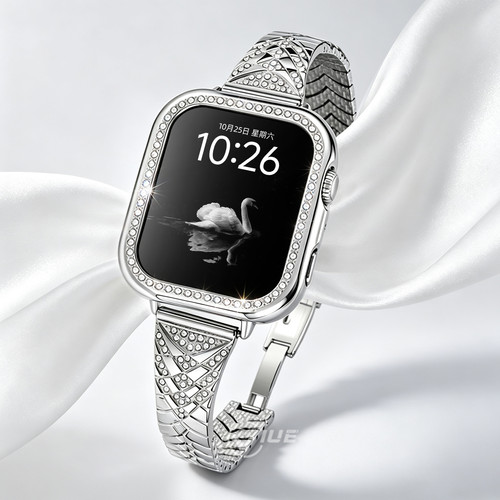 适用苹果iwatch s11手表带applewatchs10鱼鳞纹s9金属锆石镶钻s8星钻绽放s7手表夏季s6女高级感智能替换腕带